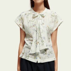 ✨ Scotch & Soda Floral Blouse Button Up Shirt Neck Scarf Short Sleeve